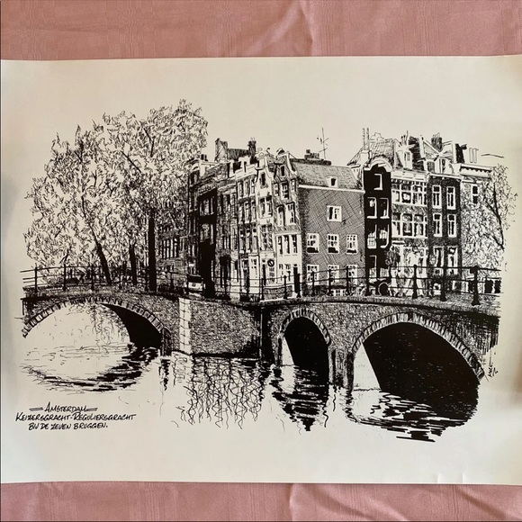 *SOLD on ♏️* Amsterdam Scenic Bridge B&W Ink Sketch Print - Picture 2 of 5